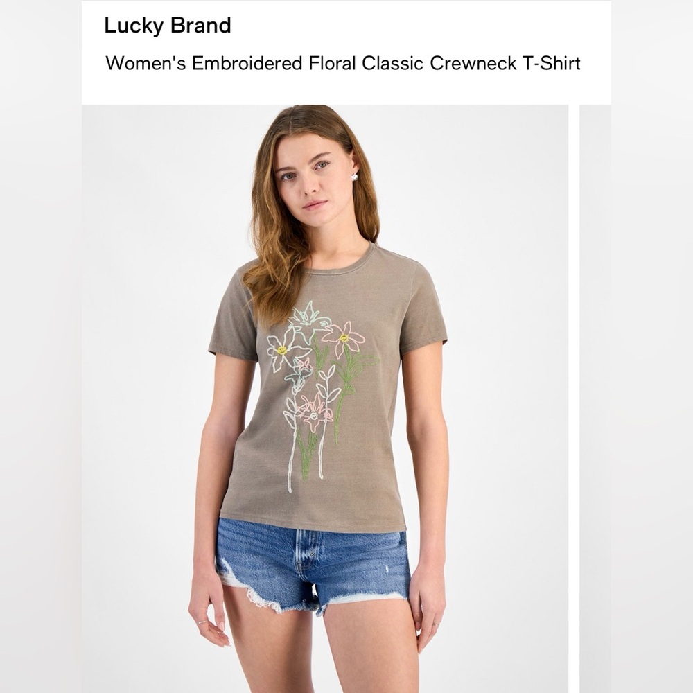 ❌❌Sold❌❌Luck Brand Women's Embroidered Floral Classic Crewneck T-Shirt
